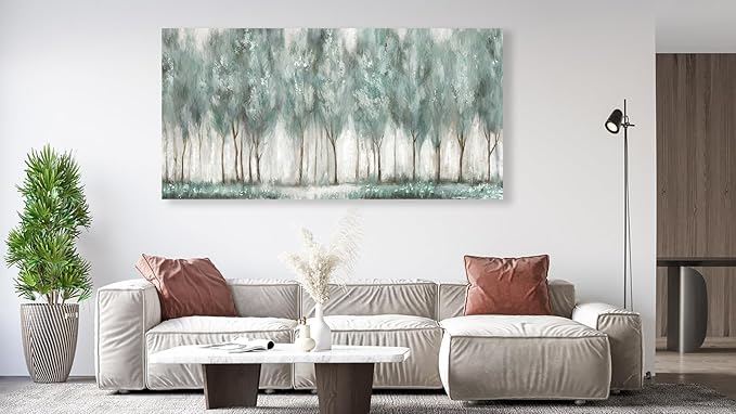 NINEASO Abstract Forest Canvas Wall Art - Grey Teal Foggy Trees Pictures Abstract Misty Woods Wall Decor Modern Botanical Painting Print Artwork for Living Room Bedroom Home Office Decor 29" x 58"