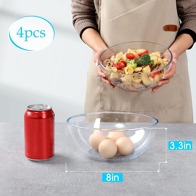 NUTRIUPS 8 Inch Glass Mixing Bowls Set of 4, 50oz Microwavable Glass Bowls