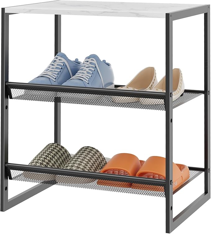 Garden 4 you 3 Tiers Narrow Shoe Rack,Small Space Freestanding Shoe Storage Organizer with White Wooden Tabletop,Adjustable Metal Shelf Stackable Shoe Shelf for Entryway Hallway Living Room Closet