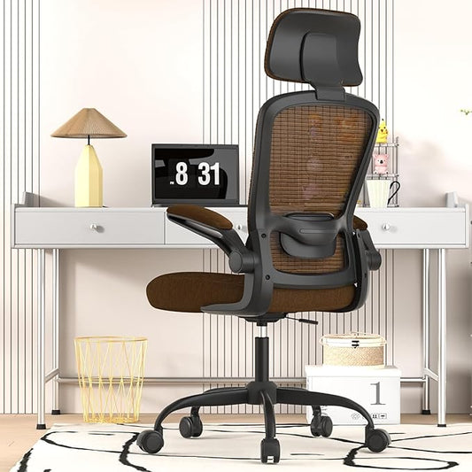 Ergonomic Mesh Home Office Chair | High Back Computer Desk Chair with Adjustable Lumbar Support & Headrest | Swivel Task Chair with Flip-Up Armrests for Home & Office, Brown