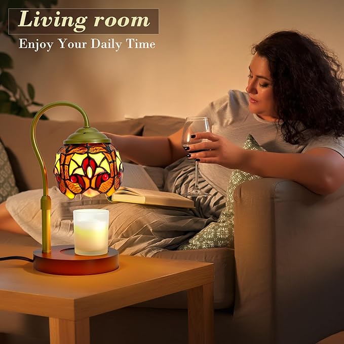 Candle Warmer Lamp with Timer Dimmer, Adjustable Height Candle Warmer for Jar Candles, Birthday Gifts for Women New Home Bedroom Decor Tiffany Baroque Style Stained Glass with 2 Bulbs