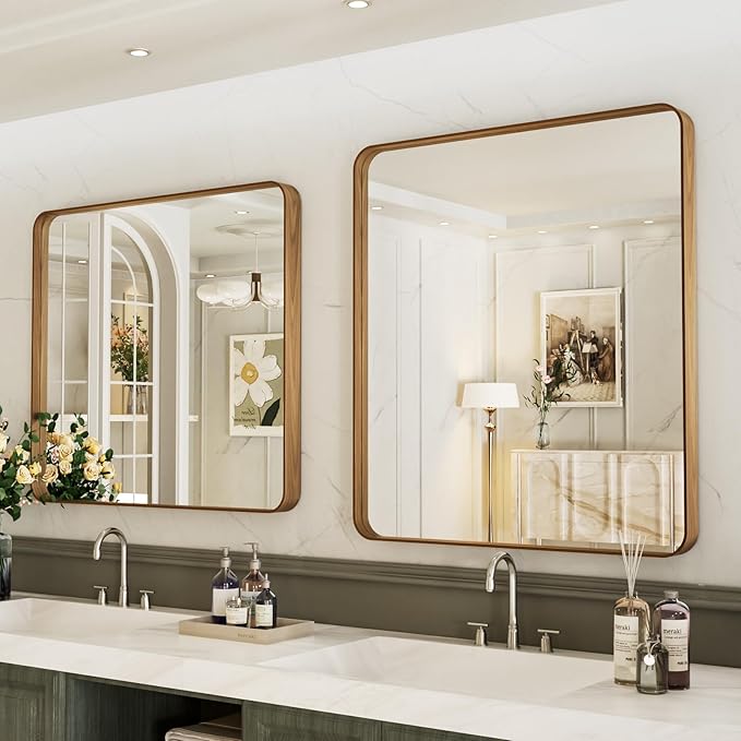 LOAAO 20X16 Inch Bathroom Mirror with Wood Grain Colored Metal Frame, Rounded Rectangle Metal Framed Bathroom Mirror, Anti-Rust, Hangs Horizontally or Vertically