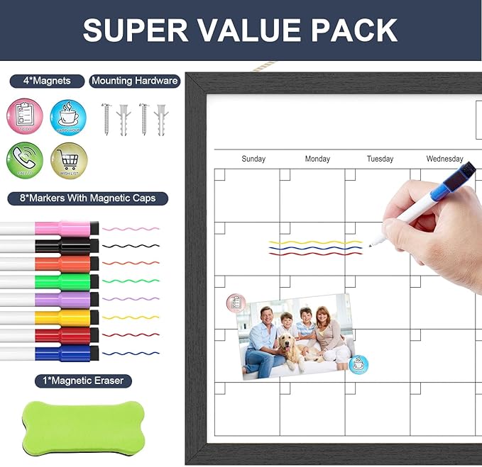 Dry Erase Calendar for Wall, 17x13 Inches Calendar Whiteboard for Wall, Small Magnetic Monthly White Board with Wood Framed, Hanging Dry Erase Board for Kitchen Home Office School Planner