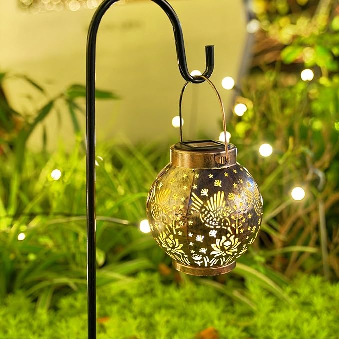 Outdoor Solar Hanging Lantern Lights Metal LED Decorative Lamp for Garden Patio Courtyard Lawn and Table with Hollowed-Out Design (Bronze Hummingbird)