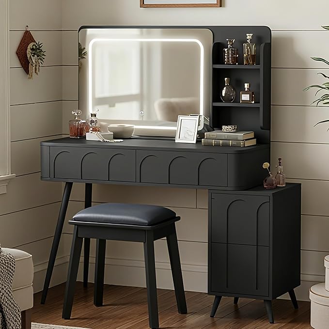 Merax Makeup Vanity Desk with Mirror and Lights, Vanity Table and Stool Set with Drawer & Movable Side Cabinet, Black Dressing Table for Bedroom with Mirror and 3 Color Modes