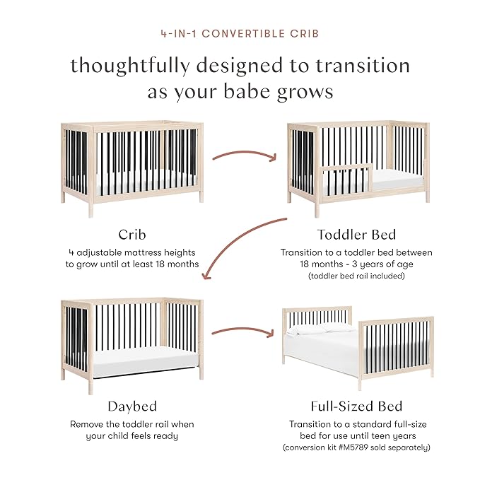 Babyletto Gelato 4-in-1 Convertible Crib with Toddler Bed Conversion in Washed Natural and Black, Greenguard Gold Certified