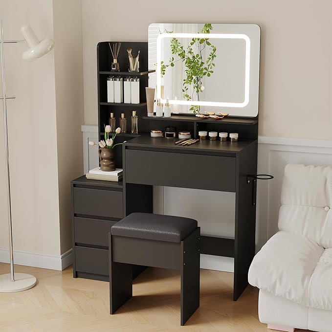GAOMON Makeup Vanity Desk with Mirror and Lights - 36" Vanity Table Set with 4 Drawers, Power Outlet, USB Ports, Stool, Dressing Table with 3 Lighting Color Adjustable for Bedroom, Women, Black