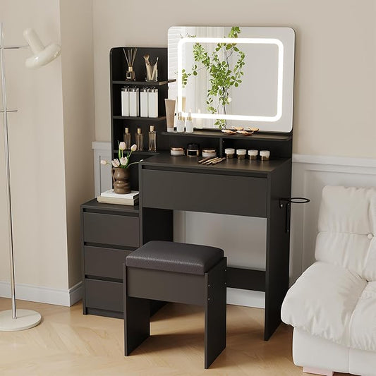 GAOMON Makeup Vanity Desk with Mirror and Lights - 36" Vanity Table Set with 4 Drawers, Power Outlet, USB Ports, Stool, Dressing Table with 3 Lighting Color Adjustable for Bedroom, Women, Black