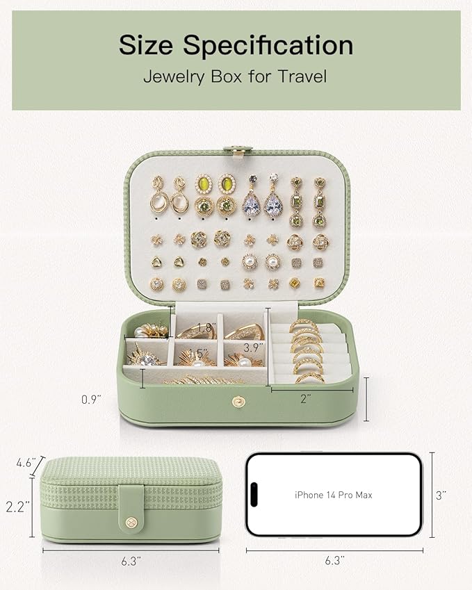 Vlando Travel Jewelry Case, PU Leather Travel Jewelry Box with Earring Holder, Portable Display Small Jewelry Box for Mothers Day Women Girls Gift - Green