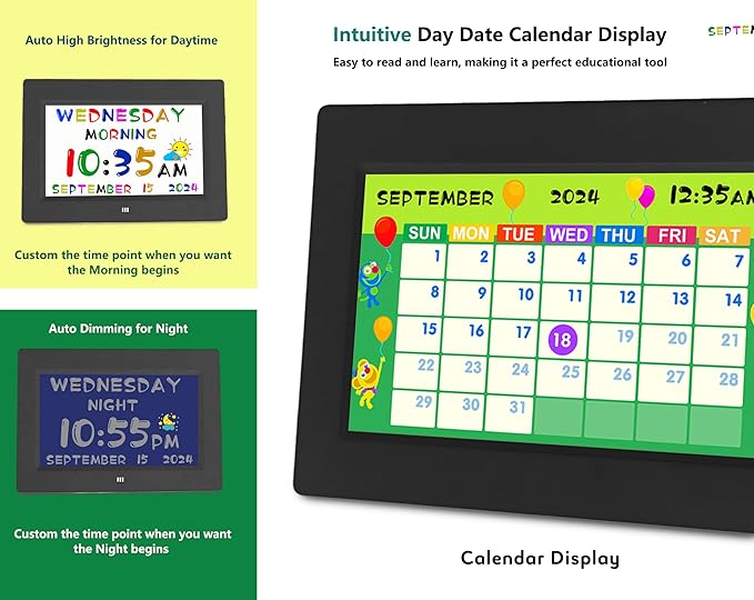 MASSII 2025 Digital Teaching Clock Talking Time, 24 Alarms Custom Reminders, Checklist to-Do List, Auto DST & Calendar Display, Sleep Trainer, Easy to Use for Kids Birthday Gift- Black with Remote
