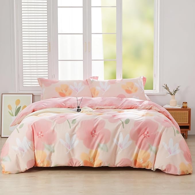 SAPHREAS Pink Floral Duvet Cover Set 3pcs Queen Size Garden Style Blossom Flower Printed Bedding Comforter Cover Set 100% Cotton 1 Duvet Cover 90"x90" 2 Pillow Shams, Comforter Not Included