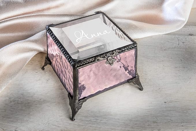 Personalized Pink Rose Glass Box Decorative Vanity Display Case Storage Jewelry Organizer Keepsake Gift for Her Girl Women Pink Vintage Decor J Devlin Ellen Box 903 EB245