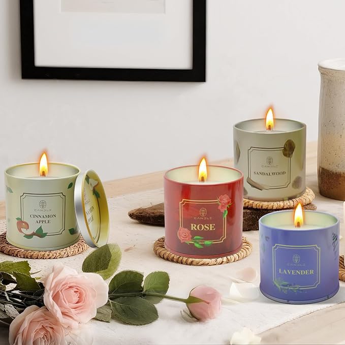 Scented Candles 4 Pack Soy Wax Long Lasting Rose Lavender Sandalwood Apple Fragrance Gifts for Women Mother's Day Thanksgiving Day Christmas Day