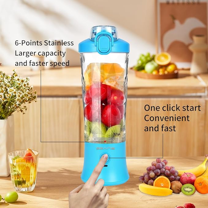 Portable Blender for Shakes and Smoothies With 20 Oz Travel Cup and Lid, Mini Personal Size With 6 Blades and USB Rechargeable for Gym, Kitchen and Outdoors (Blue)