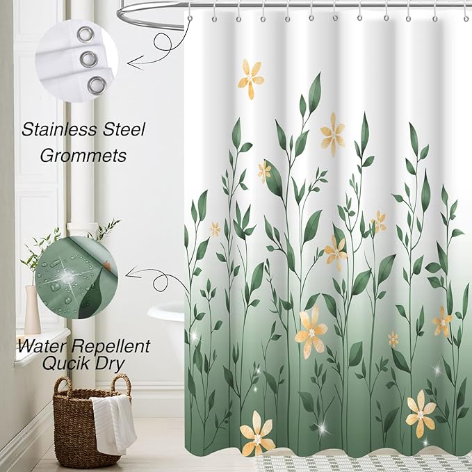 Eucalyptus Shower Curtain, Ombre Floral Leaves Plant Washable Fabric Bath Decor with 12 Hooks 72x72 inches, Sage Green