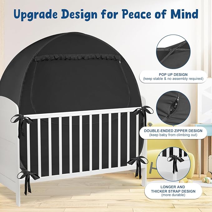 Blackout Baby Sleep Tent Sleep Pod, Pop Up Crib Blackout Cover Canopy for Naps at Home and Traveling, Fits Full Size Crib, Pack n Play, and More with Safe Bottom Design, Blocks 98% Light