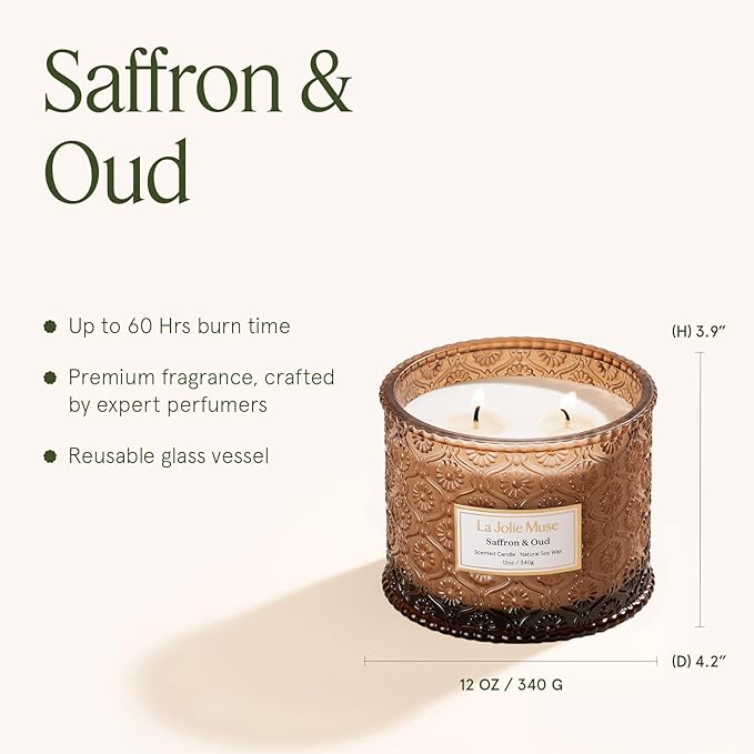 LA JOLIE MUSE Saffron & Oud Scented Candle, Candles for Home Scented, Large 2-Wick Soy Candles, Luxury Jar Candle Gifts for Women & Men, 60 Hours Long Burning, 12oz