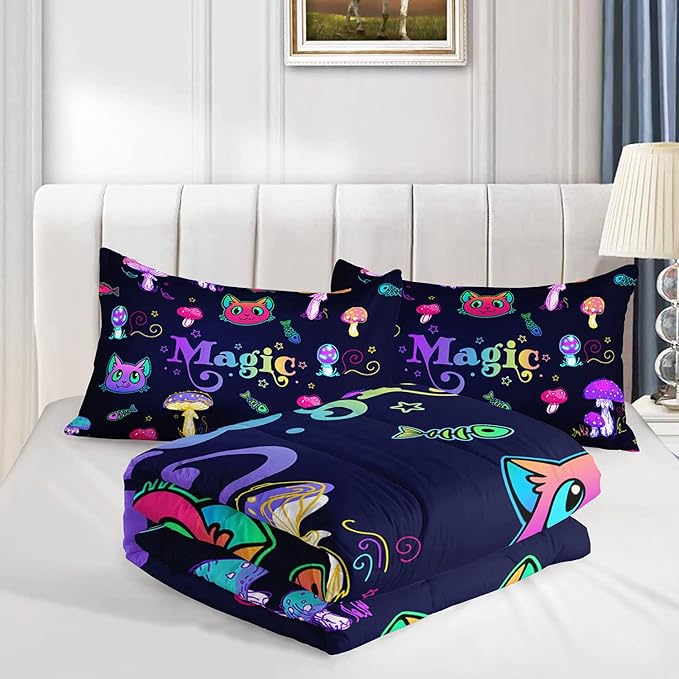 Mushroom Cat Kids Comforter Bedding Set for Boys Girls, Cartoon Mixed Color Mushroom and Cute Cat Fishbone Pattern Comforter with 2 Pillowcases(Mushroom Cat Full)