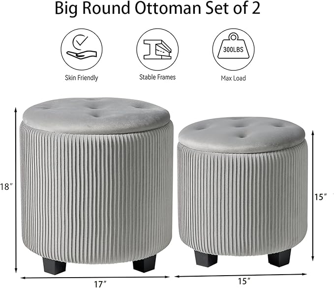 Big Round Ottoman with Storage Set of 2,Upholstered Velvet Vanity Stool for MakeupMultifunctional Foot Rest Coffee Table Padded Seat Tufted Ottomans for LivingRoom&Bedroom(Grey)