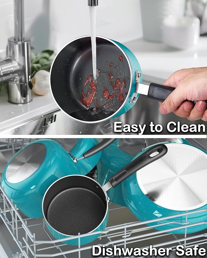 Cook N Home Non Stick Sauce Pan, 2 Quarts Saucepan with Glass Lid, Nonstick Small Multi-purpose Pot, Milk Chocolate Aluminum Cooking Pot Pan with Stay-Cool Handle, Turquoise