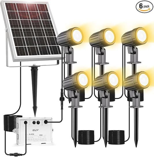 CLY 6 in 1 Solar Spot Lights Outdoor, 2700K Warm White Solar Spotlights Landscape Lights, IP66 Waterproof 59.06ft Cable Auto On/Off Garden Floodlight for Yard Lawn Tree Statue Pathway Decoration