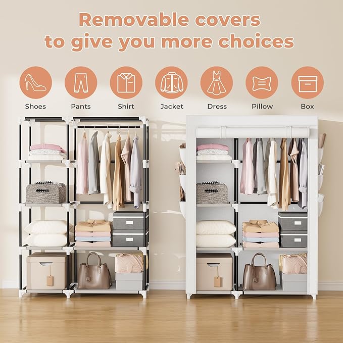 VTRIN Wardrobe Closet, 41.7 Inch Wide Portable Closets for Hanging Clothes with 1 Hanging Rod, 6 Shelves, 6 Pockets, Clothes Rack with Cover Portable Wardrobe Closet for Bedroom, Dorm, White