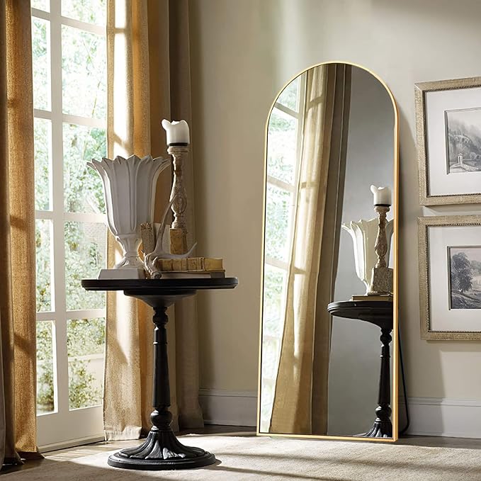 Arched Floor Mirror, 56"x20" Full Length Mirror, Standing Mirror Hanging or Leaning, Body Mirrors with Stand, Wall Mounted Arched-Top Mirrors with Aluminum Frame for Bedroom (Gold)