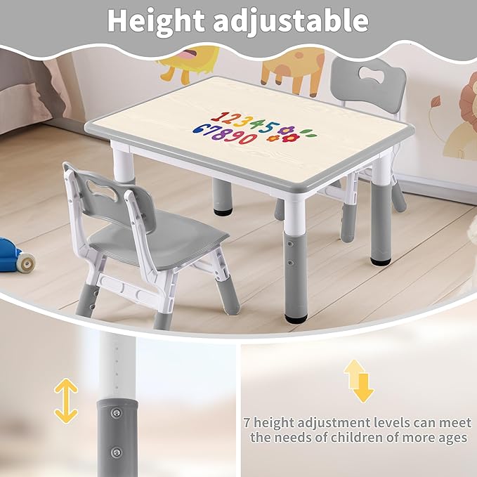 Adjustable Kids Table, Arts and Crafts Child Table with Graffiti Desktop, 7 Level Height Adjustable Children Table for Ages 3-8, Easy to Wipe Toddler Desk for Classrooms/Daycares/Homes