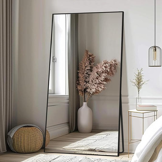 Beauty4U 76" x 34" Large Full Length Mirror with Stand, Black Wall Mounting Full Body Tempered Mirror, Metal Frame Full-Length Mirror for Living Room, Bedroom