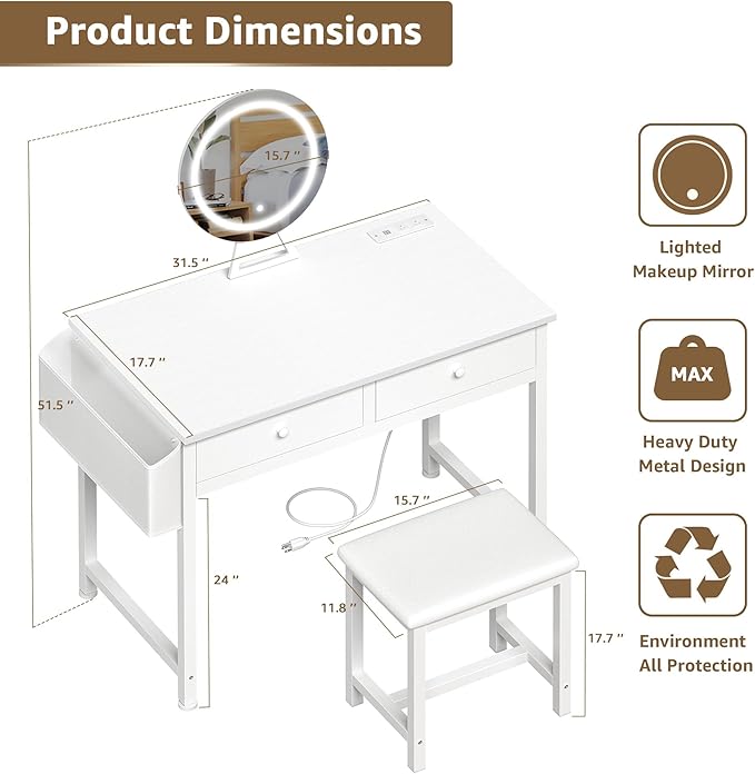 Makeup Vanity Desk with Mirror and Lights - Girls White Vanity Table Set with Chair, Fabric Drawers, Power Outlet, Small Modern Make Up Dressing Table for Bedroom