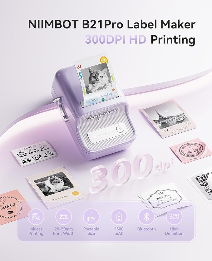 NIIMBOT B21 Pro Label Maker, 300DPI HD Label Printer, Ideal for Notes,Photos, Study Graphics, Memo Maker,50x30mm Label,230Pcs(Purple)