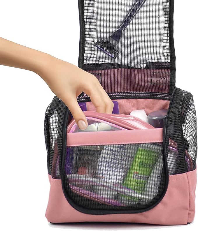 The Fine Living Co. USA Portable Hanging Shower Caddy Organizer with 1 Free Toiletries Case, Quick Dry Mesh Shower Caddy Tote Bag Included 1 Metal Hook, Perfect for Dorm, Camp, Travel, Gym, Pink