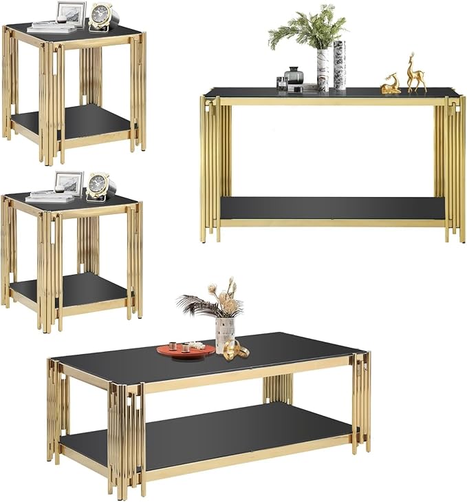 4 Pieces Glass Living Room Table Set, Modern Coffee Table Console Table and 2 End Table Set with Storage Glass Gold Coffee Table Set w/Stainless Steel Frame for Apartment Home Office