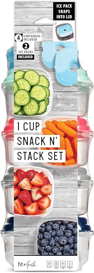 Fit & Fresh Small Plastic Containers With Lids 8 oz, Small Snack Containers With Lids, Reusable Leakproof Dressing and Condiment Containers With Two Attachable Ice Packs, 4PK, Light