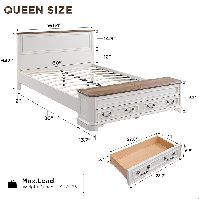 T4TREAM Farmhouse Queen Bed with Headboard and Storage Bench, Rustic Wood Platform Bed with 64" Storage Chest w/ 4 Large Drawer (Antique White)