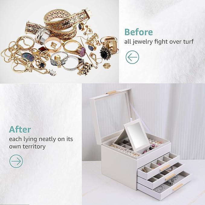 BOOVO Clear Lid Jewelry Box,4 Layers Jewelry Organizer Large Jewelry Storage Box with 3 Drawers,Jewelry Holder Organzier of Rings Earrings Necklace Bracelets for Women (White, 4 Layer)