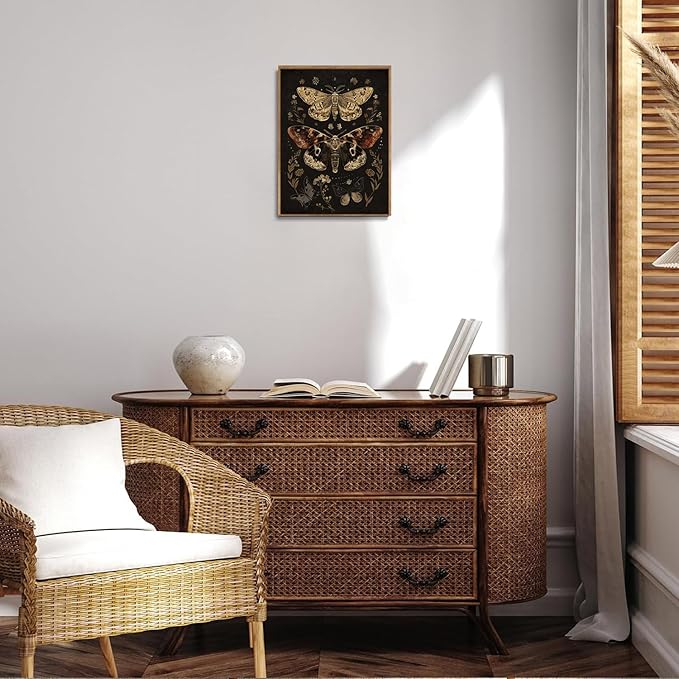 Djmwtb Vintage Framed Wall Art Moth Canvas Wall Art Prints Gothic Paintings Botanical Aesthetic Pictures Wall Decor Artwork for Living Room Bedroom Bathroom Office 16x24in