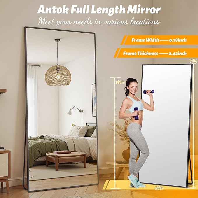 Antok Mirror Full Length, 71"x28" Big Floor Mirror, Oversized Full Body Mirrors with Stand for Bedroom, Living Room Cloakroom, Black, Rect Corner Style