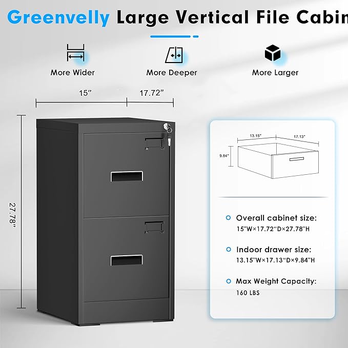Greenvelly 18" D Vertical File Cabinet, 2 Drawer Locking Cabinet for Home Office, Black Metal for Hanging Letter/Legal Folders, Easy Assemble