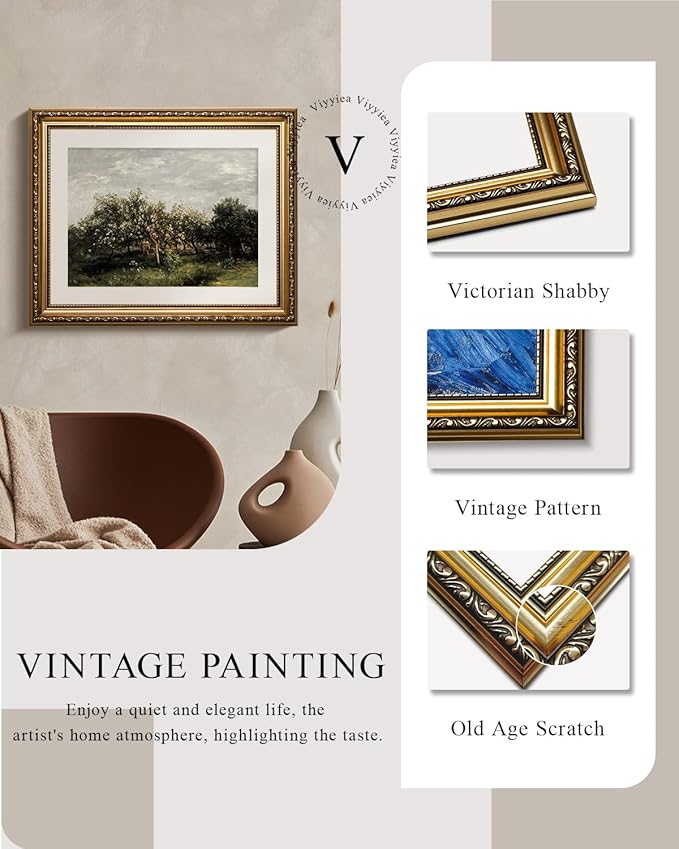 VIYYIEA Gold Framed Wall Art Canvas Print Home Decor Fruit trees Vintage Oil Painting Prints Modern Blossom Apple Tree Pictures Botanical Landscape Farmhouse Wall Decor for Bedroom Bathroom 13x16in
