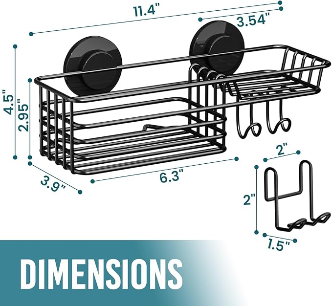TAILI Shower Caddy Suction Cup with Hooks and Soap holder, Heavy Duty Bathroom Shower Organizer, No Drilling Bathroom Holder with Large Capacity, Metal Black Storage Basket