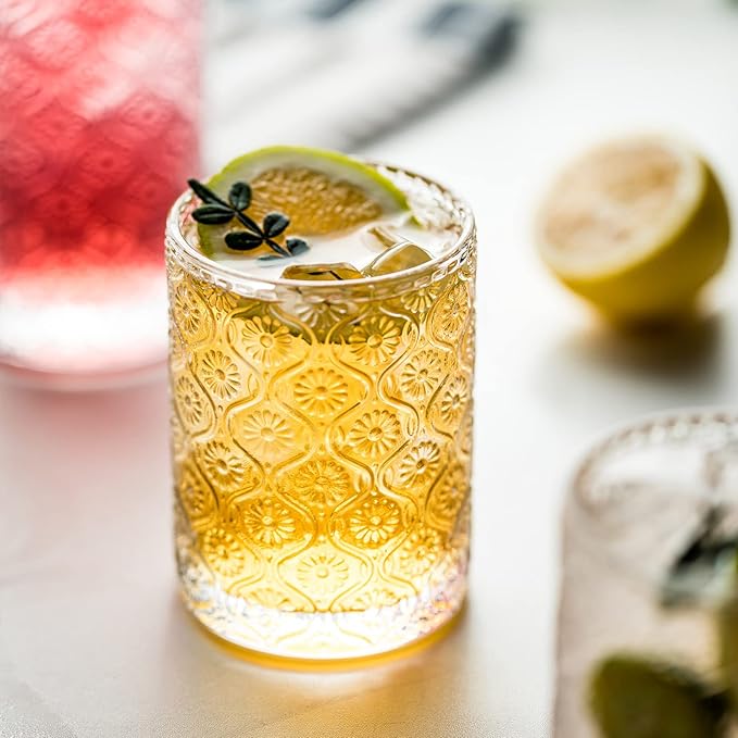 Glass Cups Vintage Glassware Set of 4, Drinking Glasses 9oz, Embossed Pattern Style Transparent Cocktail Glasses Set, for Ice Coffee,Juice,Beer,Bar Beverages,Drinkware, Transparent (S)