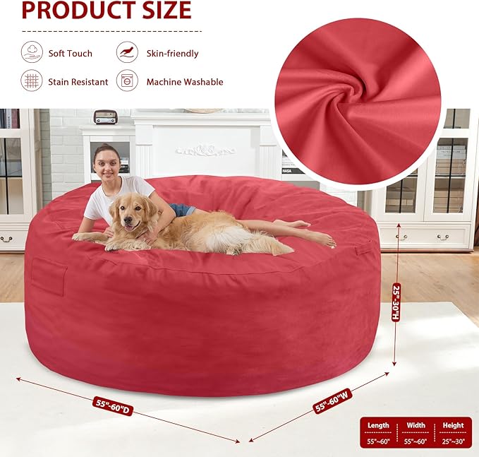6FT Bean Bag Chair, Large Bean Bag Chairs with Memory Foam Filled, Fluffy Beanbag Sofa with Dutch Velvet Cover, Round BeanBag Chairs for Living Room, Playroom - Red