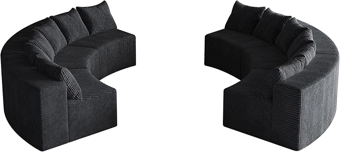 KEIKI 4 Seat Corduroy Curved Sectional Sofa, Symmetrical Modular Semi Circular Couch, Deep Seat Tufted Corner Sofa for Living Room, Lobby, Black