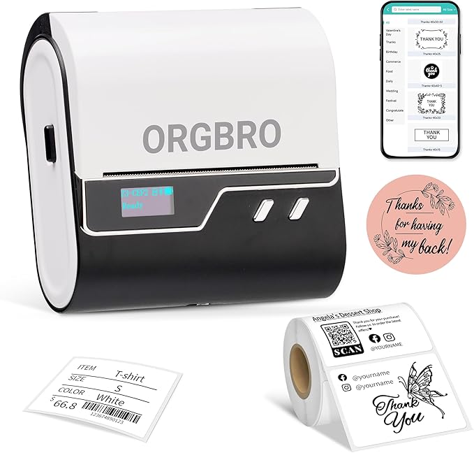 ORGBRO Z3 Label Maker Machine with Tape, 3 Inch Bluetooth Thermal Label Printer, Portable Sticker Printer for Small Business, Office, Home Organization, Barcode, Address, Compatible with Phones & PC
