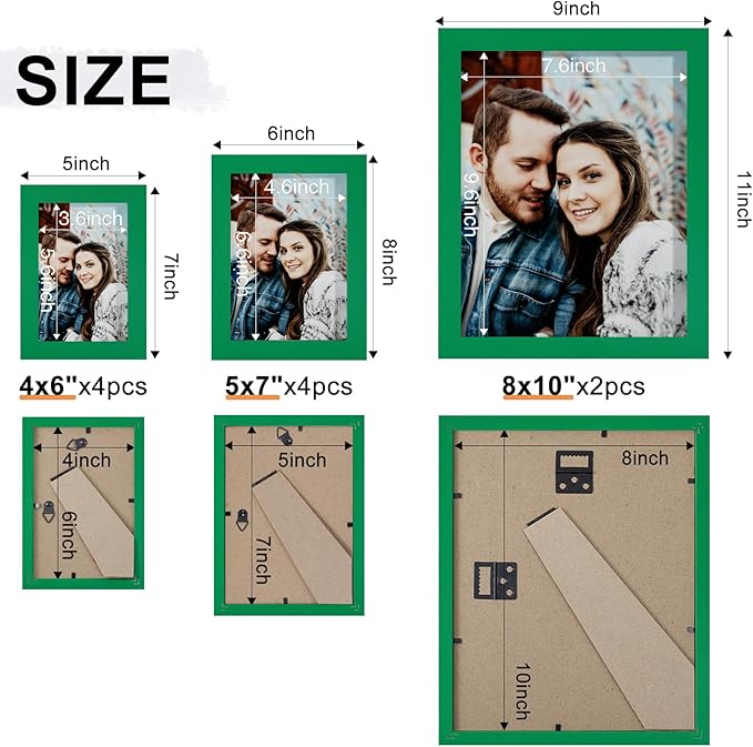 Vittanly 10 Pack Picture Frames Collage Wall Decor, Gallery Wall Frame Set with 2Pcs 8x10, 4Pcs 5x7 and 4Pcs 4x6 Photo Frames, Picture Frame Set for Wall Collage or Tabletop Display, Green