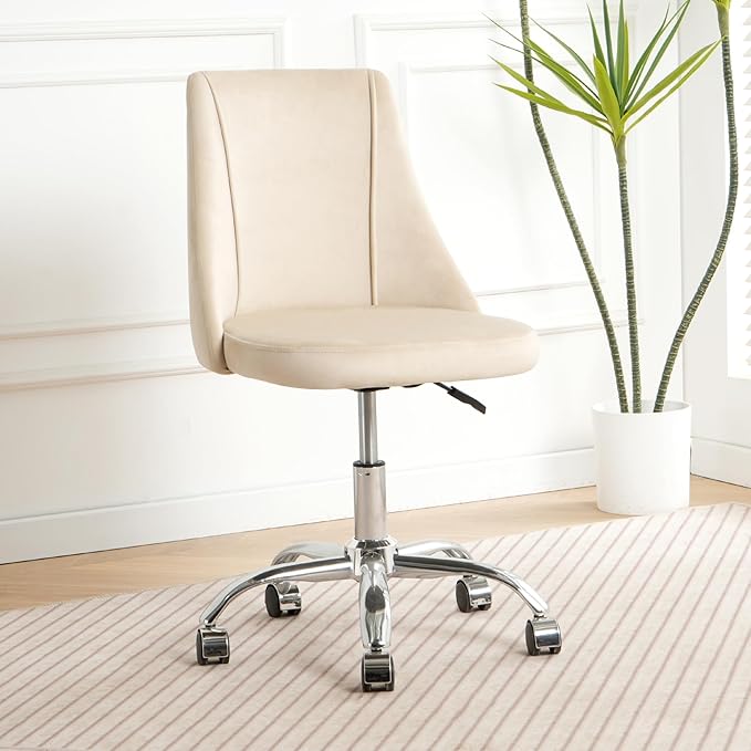 Furnimart 360° Swivel Rolling Desk Chair, Height Adjustable Vanity Chair with Silver Legs, Cute Task Chair with Wheels for Dorm Bedroom Studying Small Places (Velvet White)