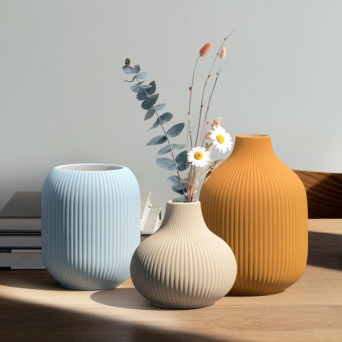 Colorful Ceramic Vases Set of 3, Modern Minimalist Ribbed Vases for Centerpiece, Home Office Shelf Decor, Farmhouse Kitchen Bathroom Bedroom Living Room Decor