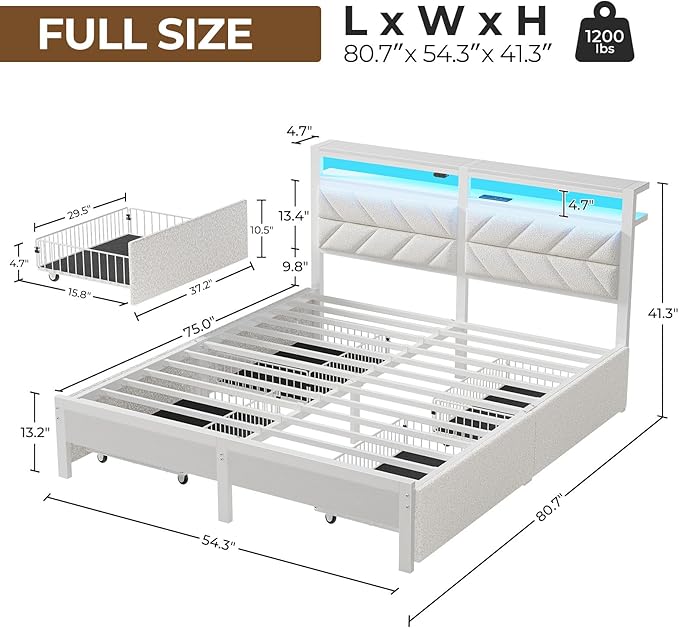 Seventable Full Size Bed Frame with 4 Storage Drawers, Charging Station & LED Lights, Upholstered Headboard with 2-Tier Shelves, Metal Platform Bed, No Box Spring Needed, Noise-Free, White