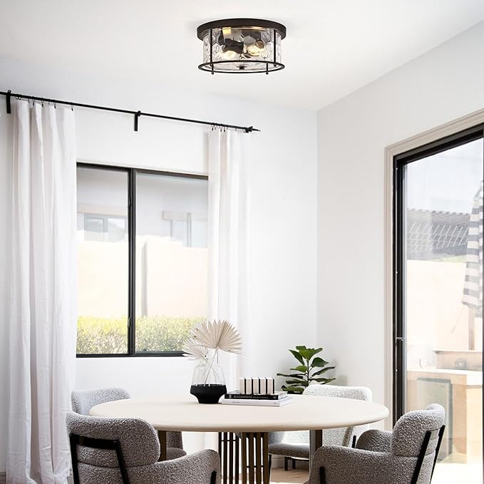 LamQee Flush Mount Ceiling Light with Clear Hammered Glass, Industrial 2-Lights Farmhouse Close to Ceiling Light Fixtures Round Low Profile Lights for Kitchen Hallway Foyer Entrance Bedroom Black